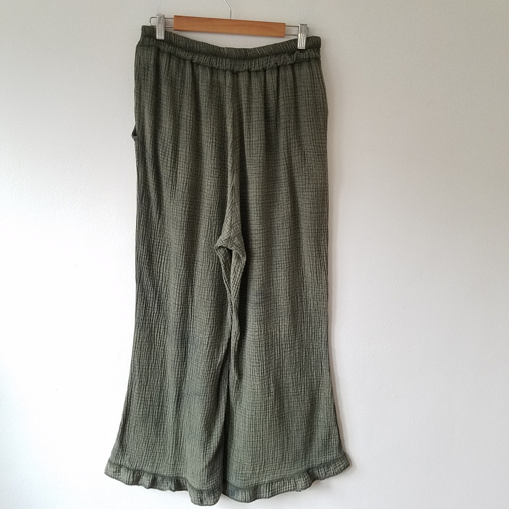Camille & Co Gauzy Cotton Green Burn Out Ruffle Hem Wide Leg Pants XL - Picture 2 of 12